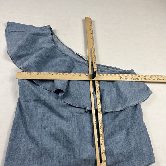 Alice + Olivia One Shoulder Chambray Top Linen Blend Ruffled Blue Shirt Large - Picture 5 of 9
